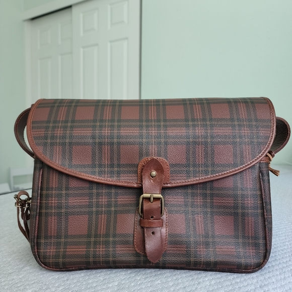 Polo Ralph Lauren Handbags - Vintage Polo Ralph Lauren Brown Coated Canvas Plaid Crossbody Bag Satchel Travel